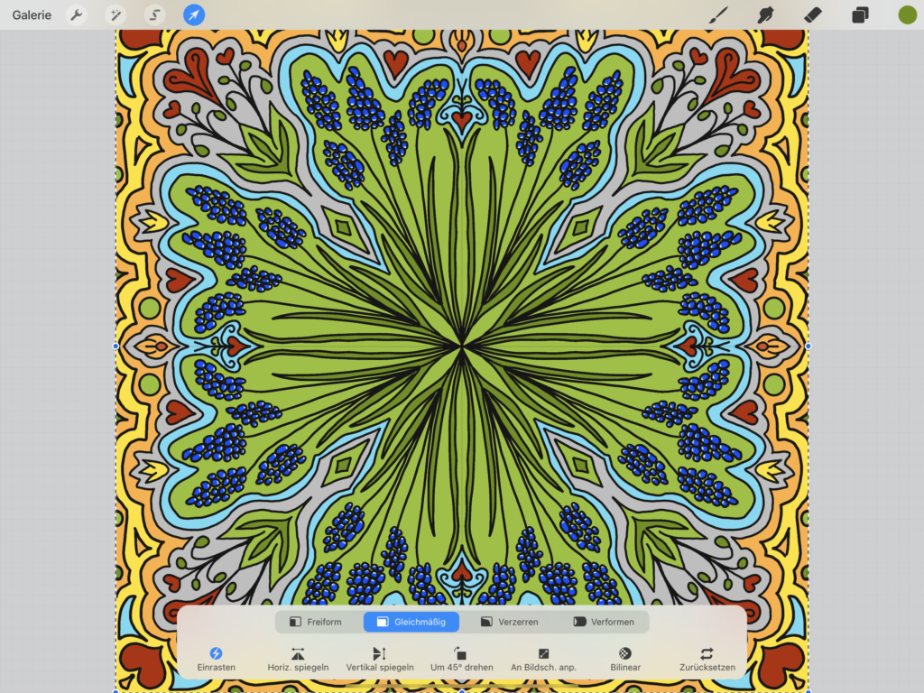 Screenshot zu folgendem Schritt: Zum Verschieben der Mandala-Duplikate brauchst du die Option Gleichmäßig des Transformieren-Werkzeugs.